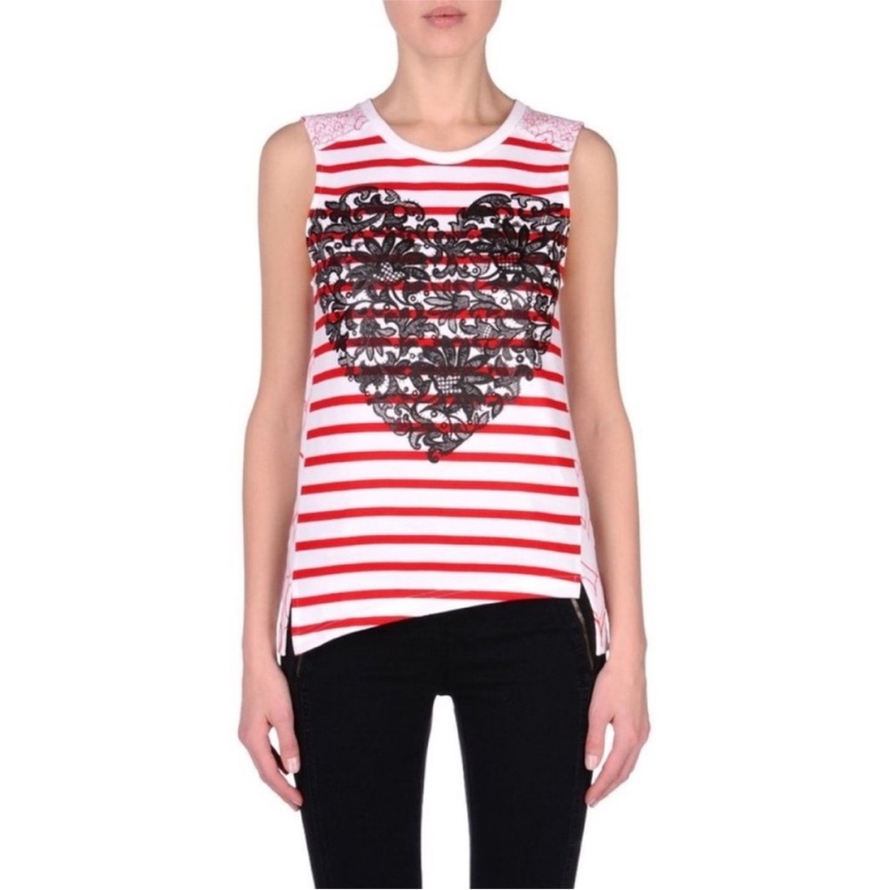 Stella McCartney Red White Stripe Heart Embellished Sleeveless Tee Shirt 4